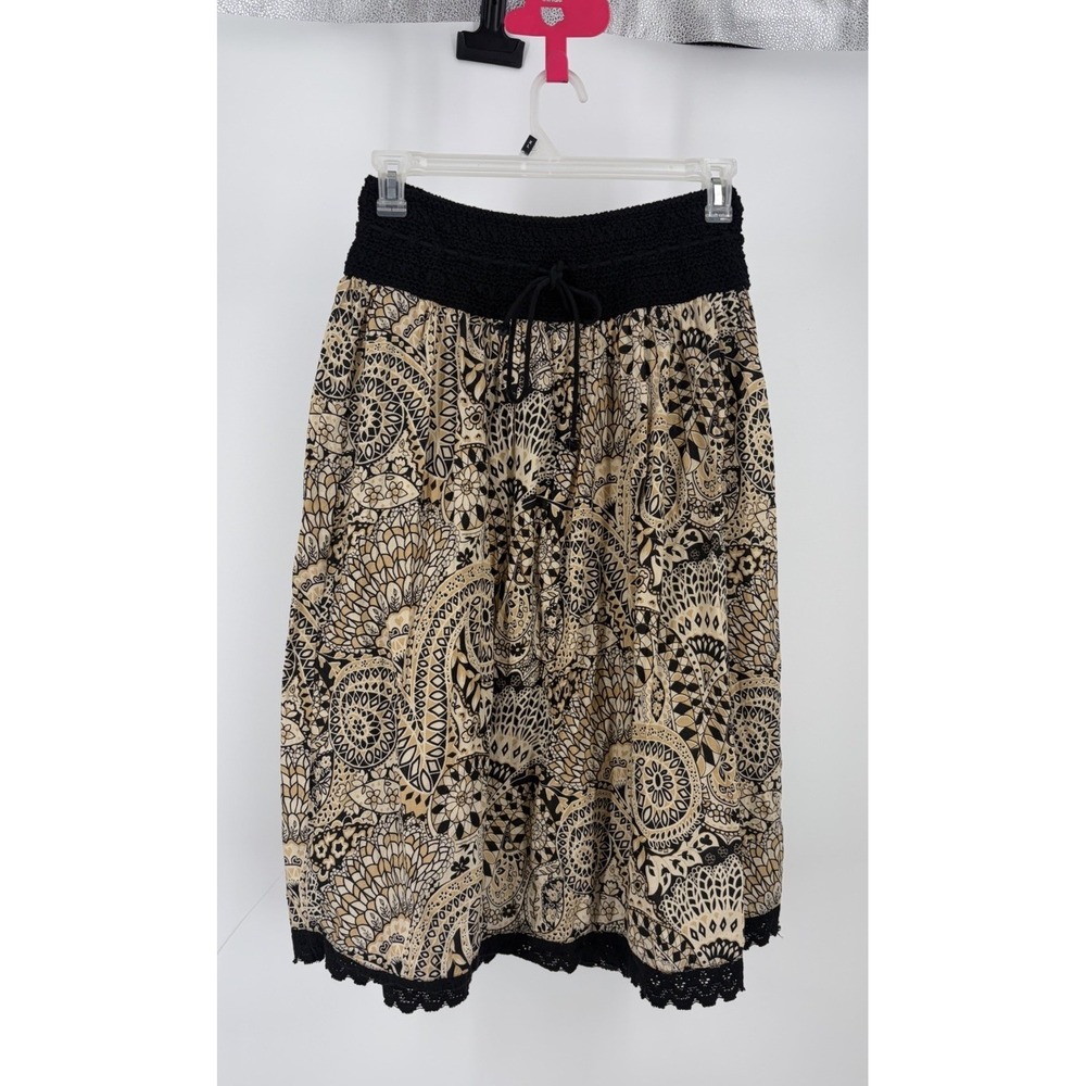 Y2K Boho Paisley Floral Midi Skirt Crochet Waistband Prairie Cottagecore S